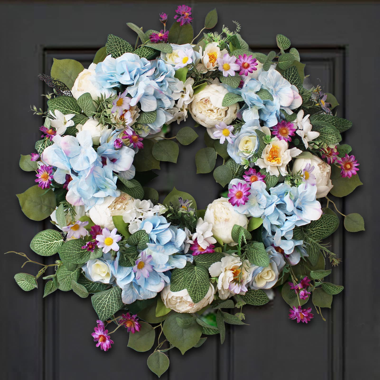 24 Inch Summer Wreaths for Front Door, Summer Wreath,Blue Hydrangea Wreath