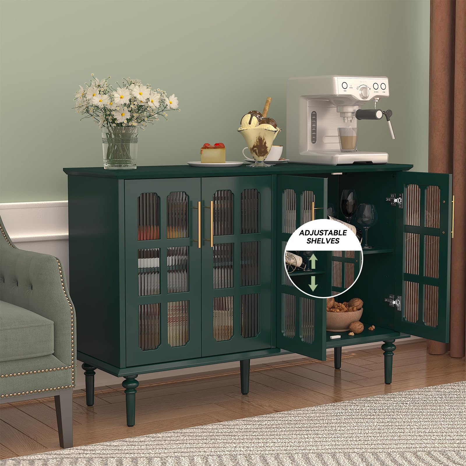 Vintage Buffet Cabinet with 4 Lattice Glass Door, Wooden Accent Cabinet