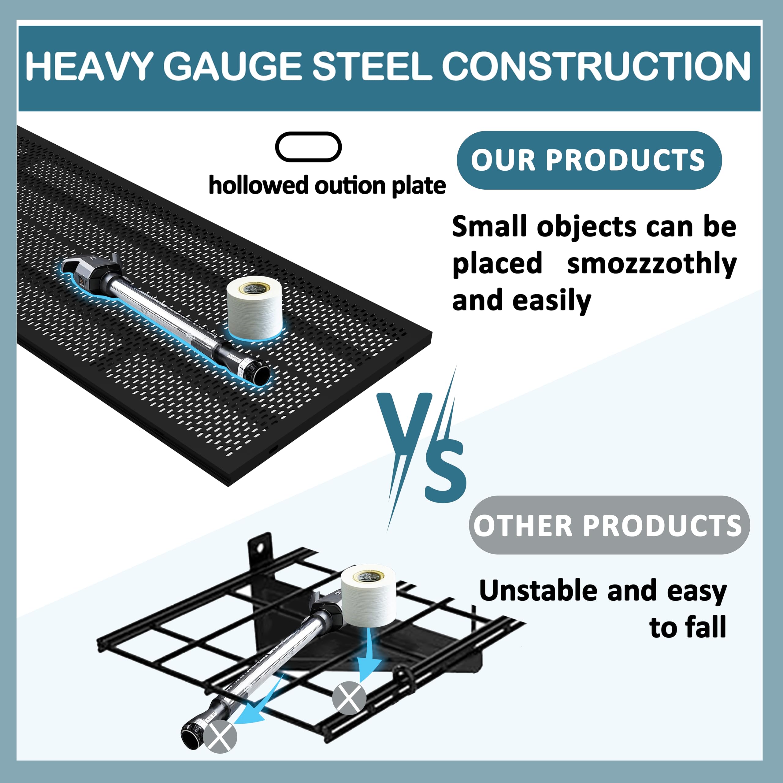 oottmes New 4 Pack Garage Wall Shelving, Heavy Duty 1.5' x 3.8' Wall Mount Storage Shelf with Hooks, Garage Storage Rack Floating Shelves, Holds 250 lbs Each