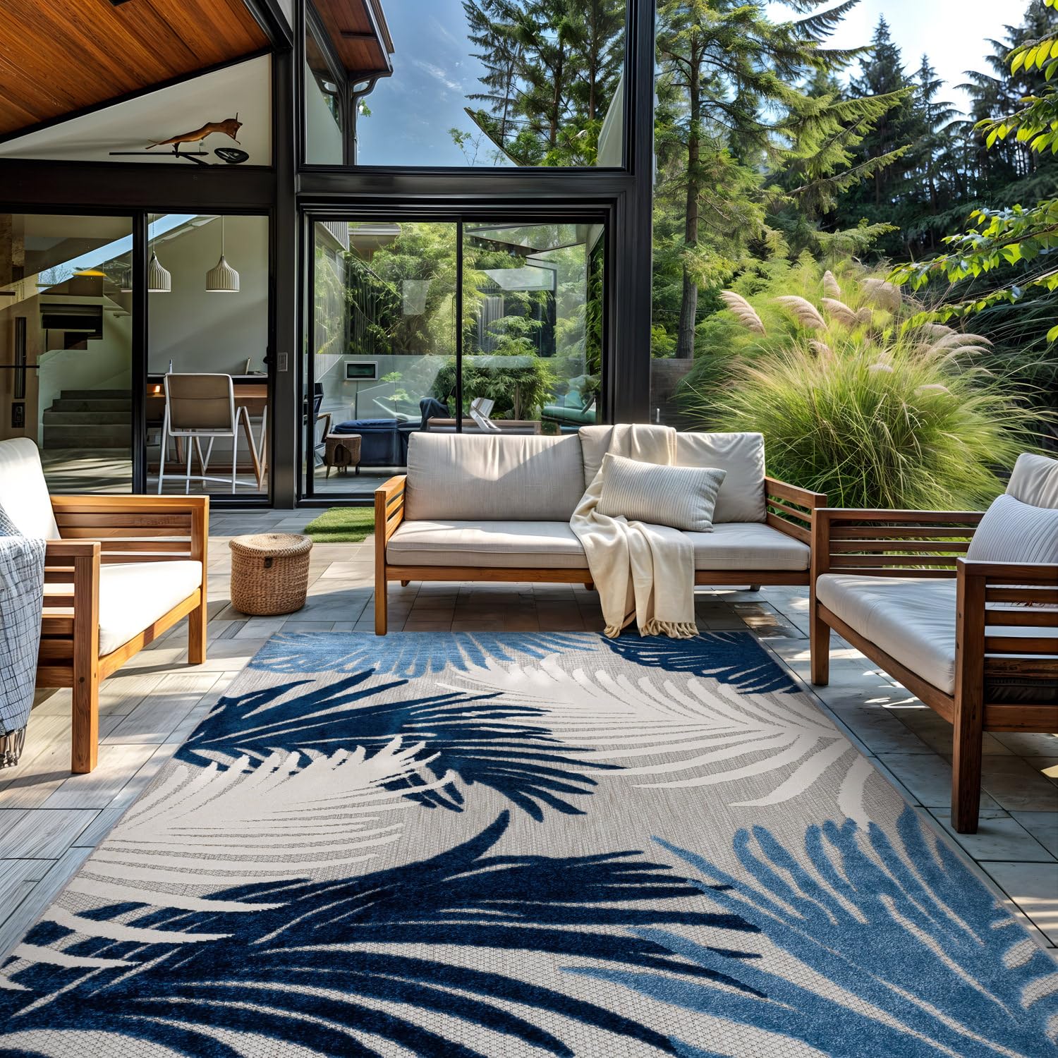 Lucca Contemporary Floral Indoor/Outdoor Area Rug 7'10" x 10' Navy