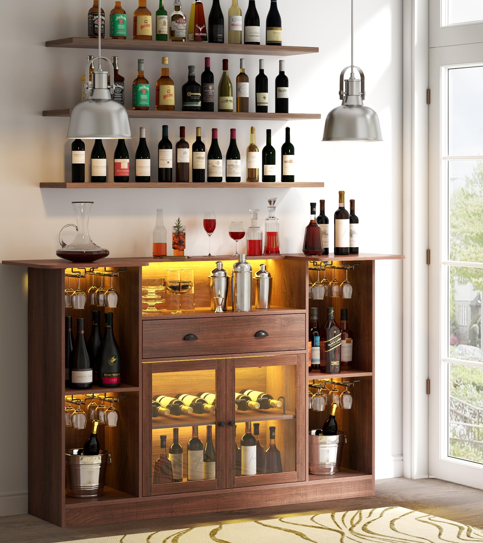 Loomie Bar Table Cabinet with LED & Drawer,Mini Liquor Bar with 8-Tier Storage&Stemware Holder,Wine Alcohol Bar Stand with Glass Door & Adjustable Wine Rack,Crescent Shaped Counter for Home Pub,Walnut