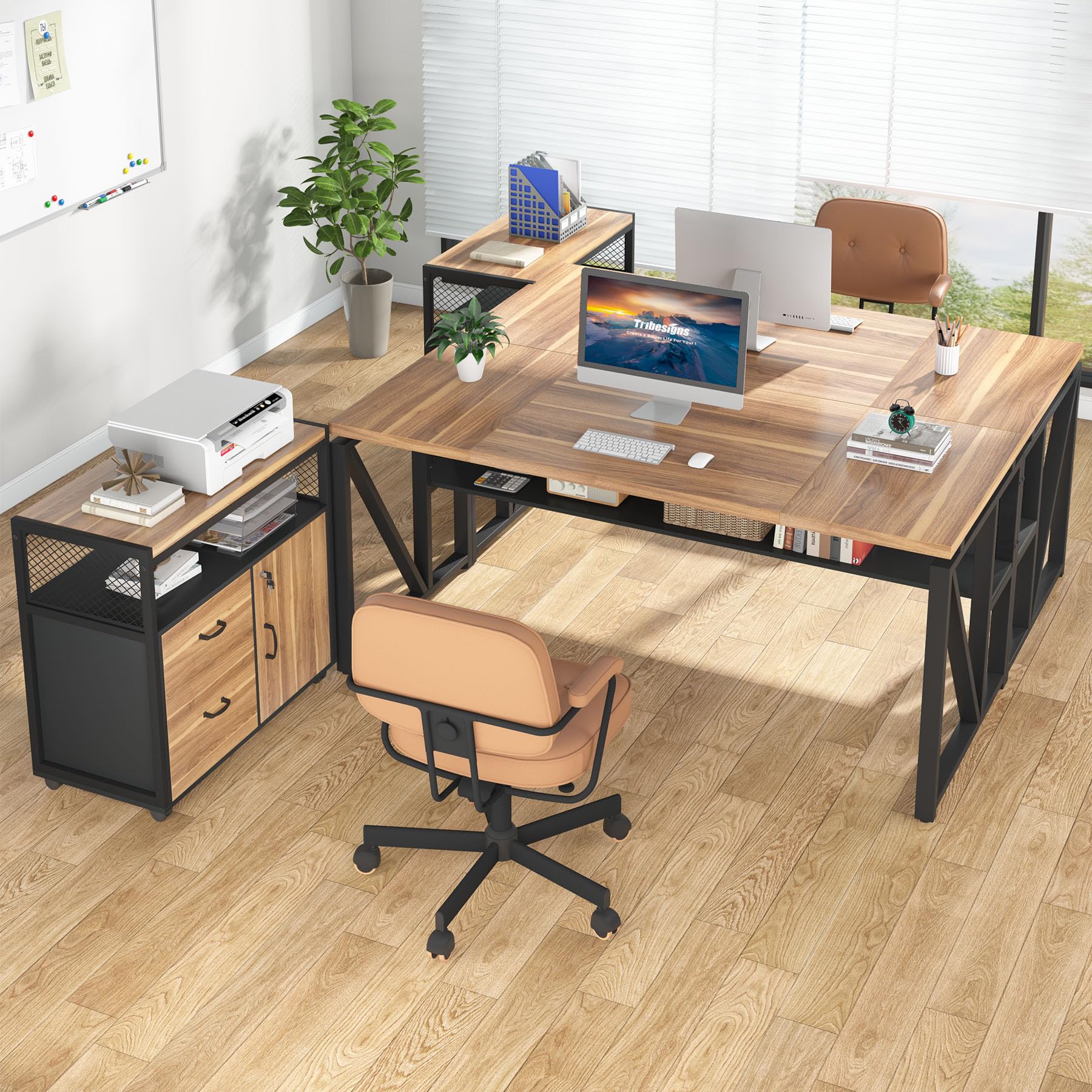 63" Executive Desk with Reversible File Cabinet, Large L-Shaped Office Desk