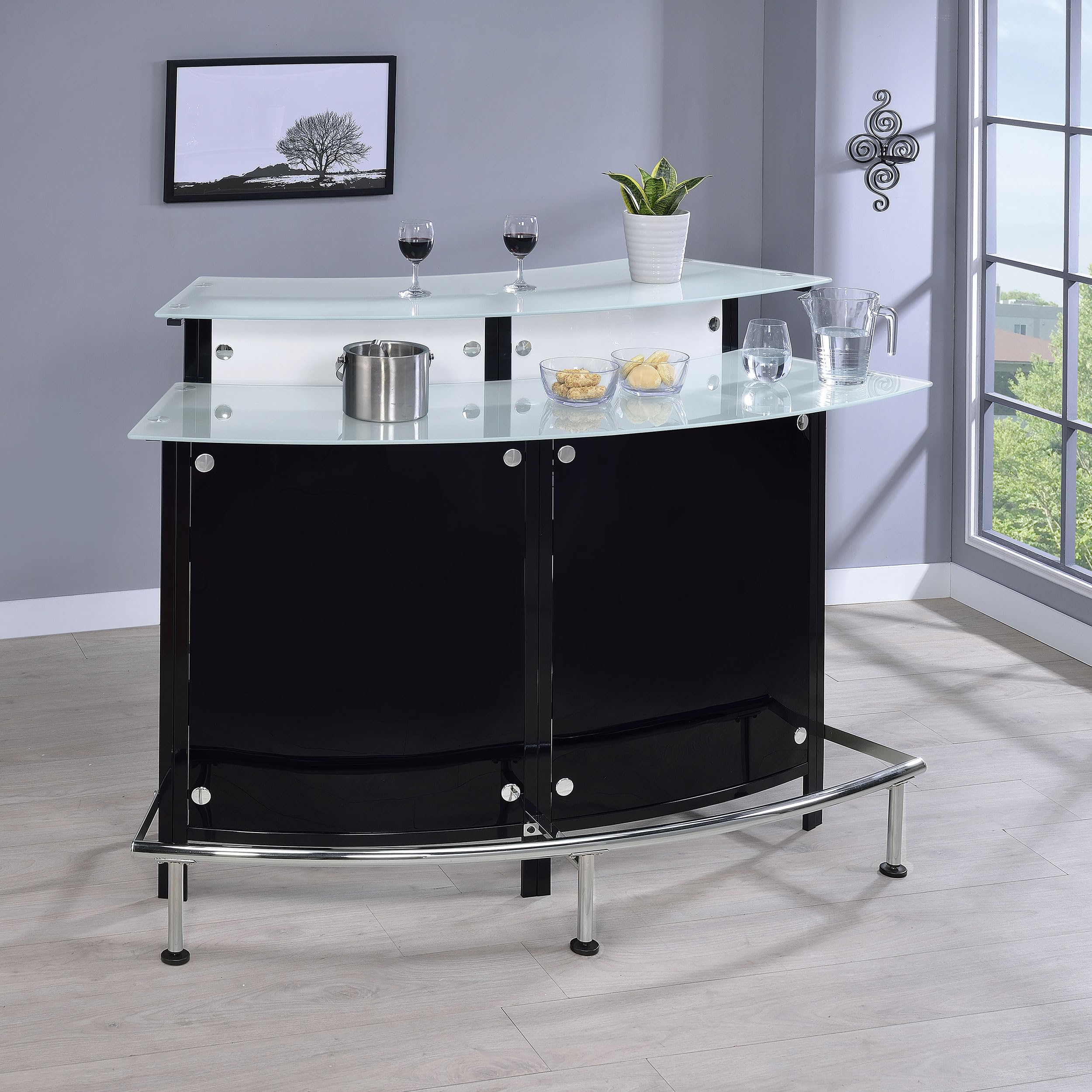 Coaster Home Furnishings - Keystone - Glass - Bar Cabinet with Bottle Wine Rack, Stemware Rack and Chrome Footrest - Dining Room & Home Bar - Black - 100139