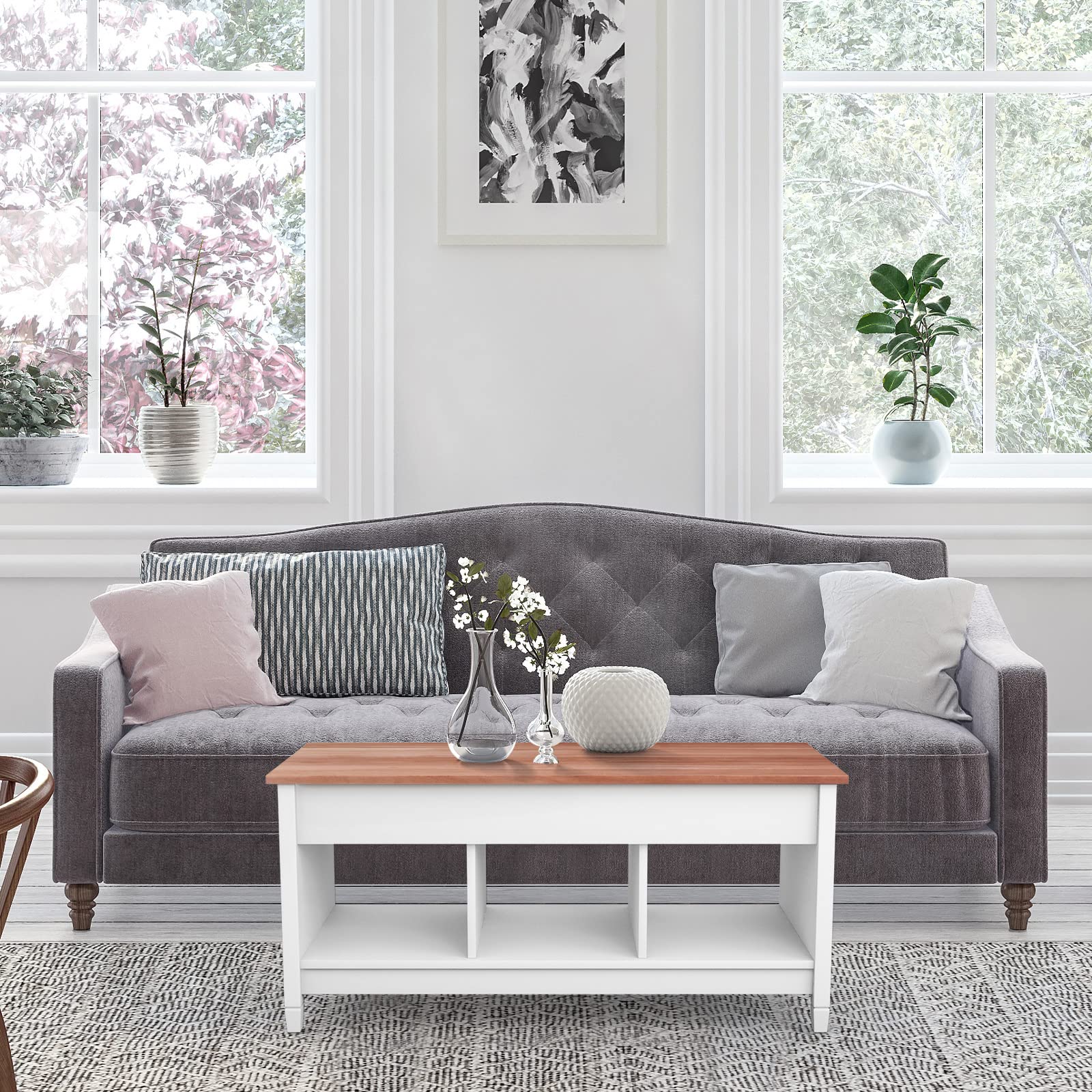 Lift Top Coffee Table, with Hidden Storage Compartment & 3 Open Shelves, Rectangular
