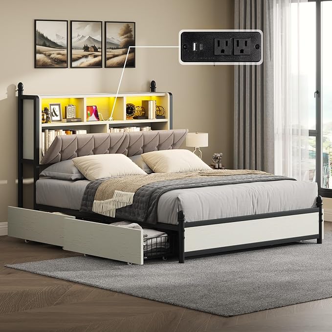 Queen Bed Frame with 3-Tier Storage Headboard