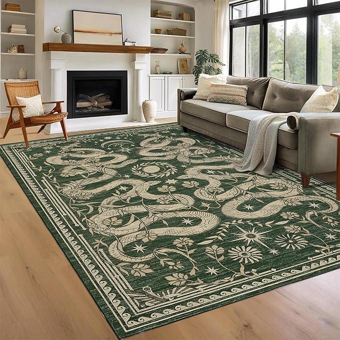 Snake 8x10 Area Rugs for Living Room Washable Non Slip Forest Soft Low-Pile Stain