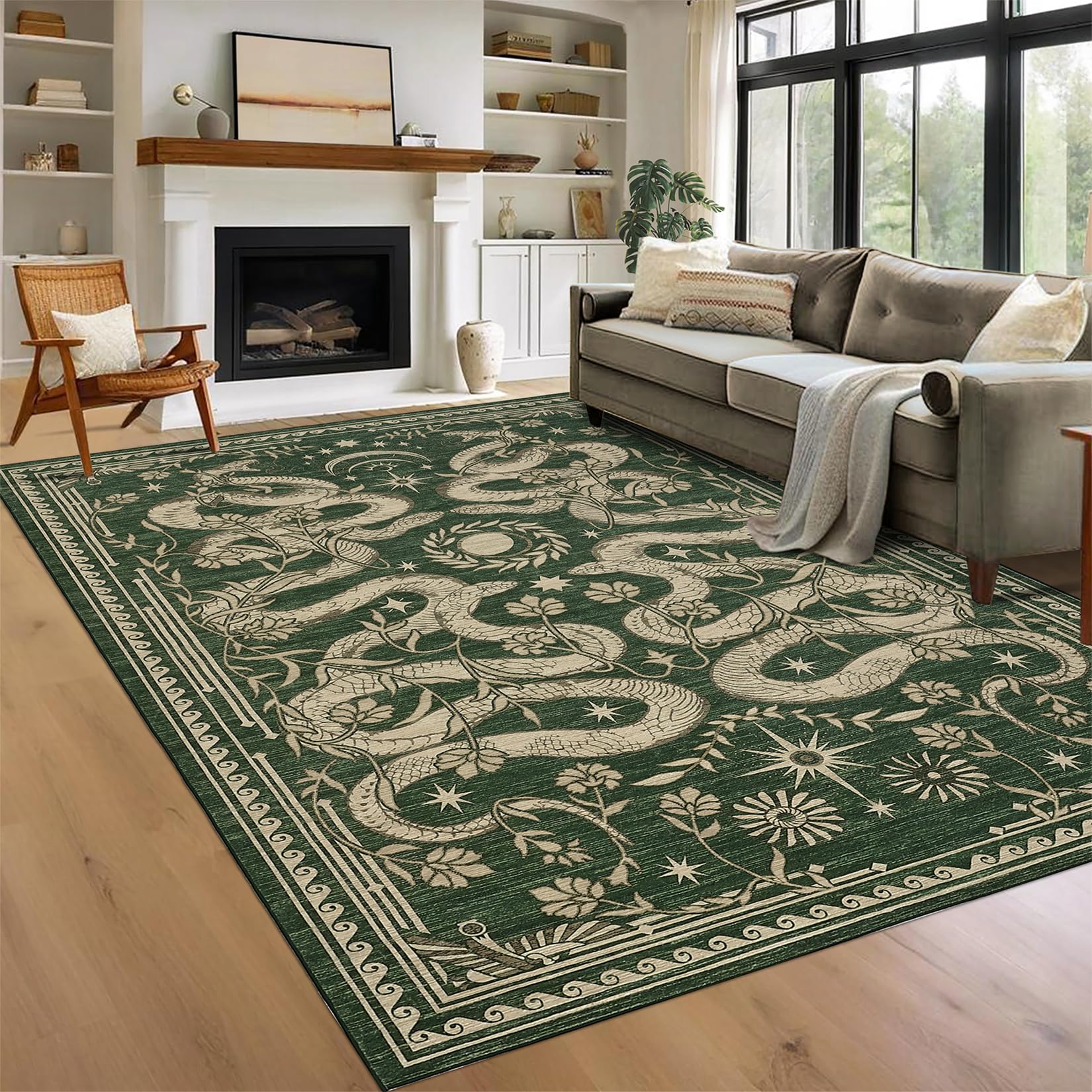 Snake 8x10 Area Rugs for Living Room Washable Non Slip Forest Soft Low-Pile Stain