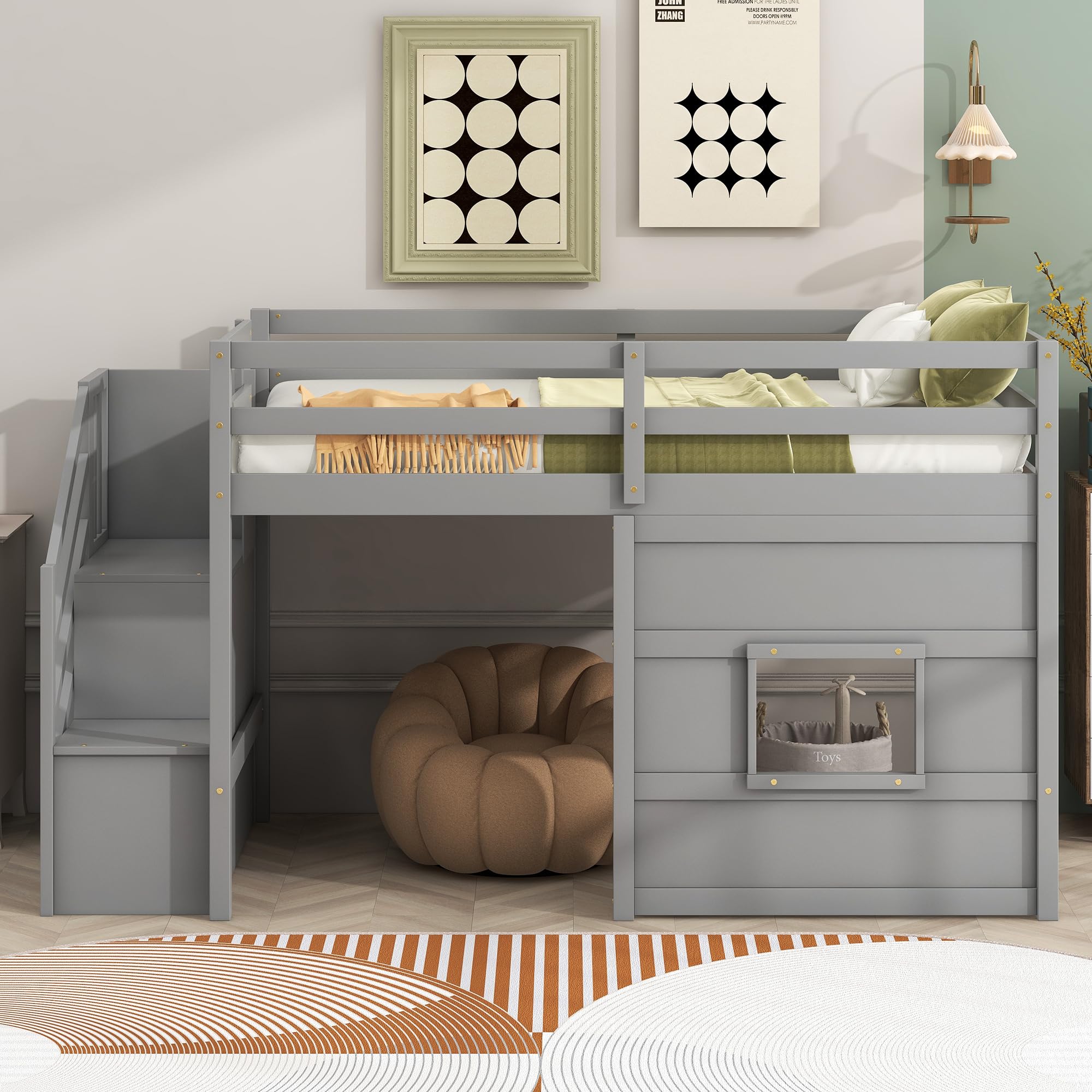Low Loft Bed with Stairs, Twin Size Storage Loft Bed Frame with Staircase and Window