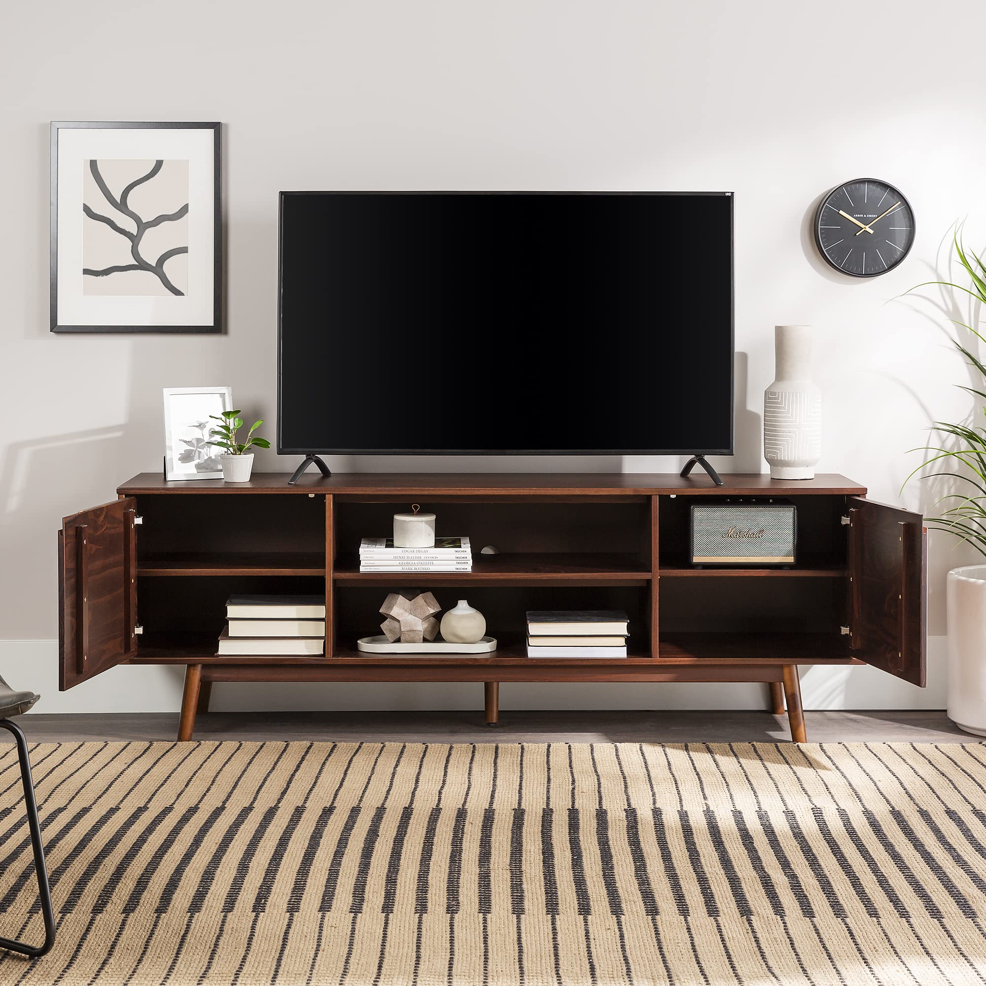 Emery Mid Century Modern Solid Wood TV Stand for TVs up to 80 Inches 70 Inch Walnut
