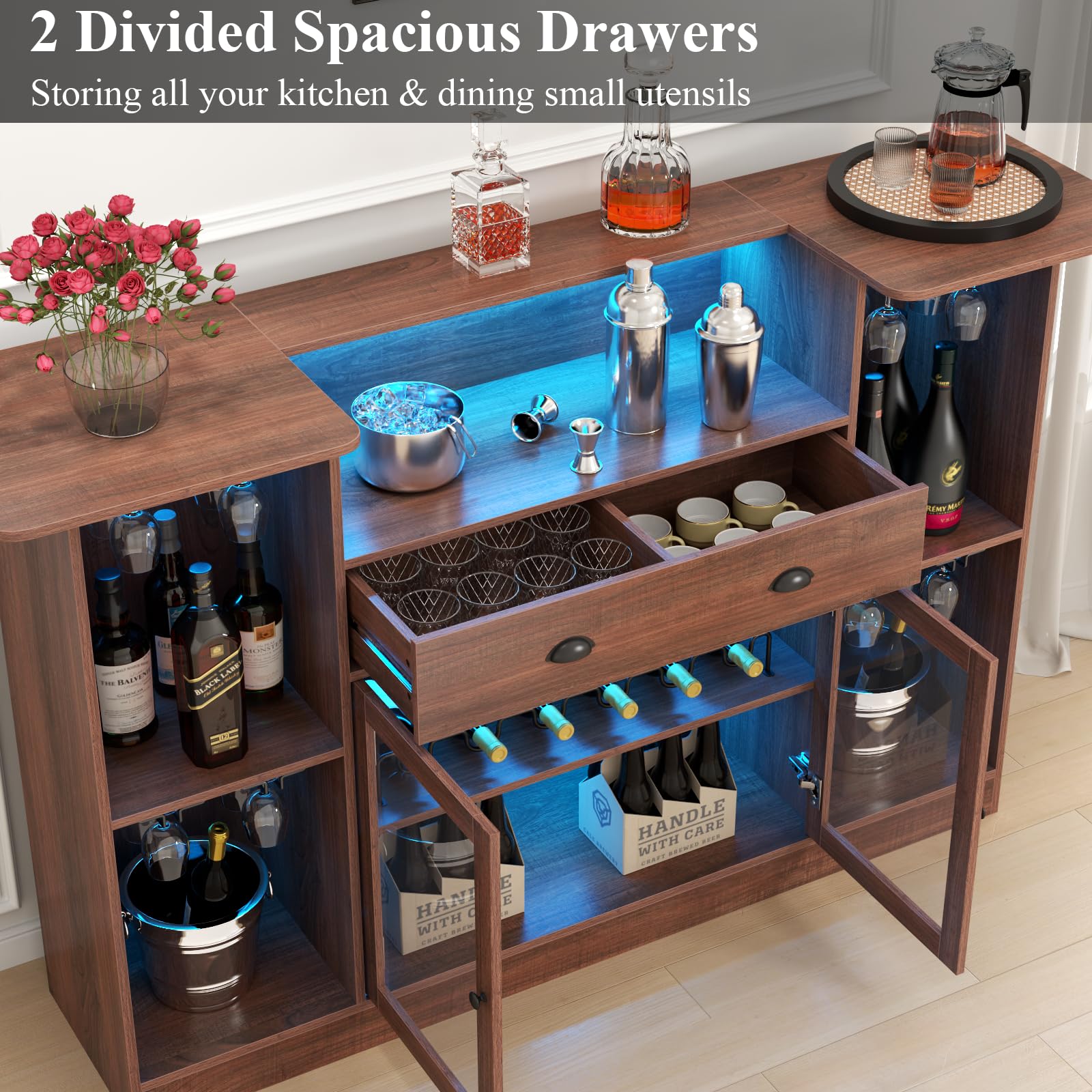 Loomie Bar Table Cabinet with LED & Drawer,Mini Liquor Bar with 8-Tier Storage&Stemware Holder,Wine Alcohol Bar Stand with Glass Door & Adjustable Wine Rack,Crescent Shaped Counter for Home Pub,Walnut