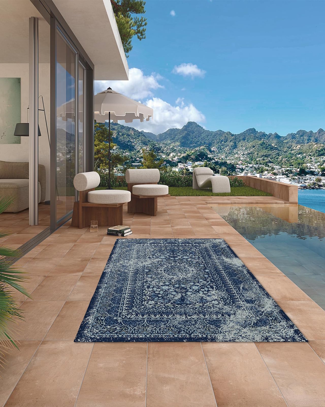 Outdoor Rug 5' x 8', Boho Blue Large Non Slip Area Rugs Washable Floor Mat