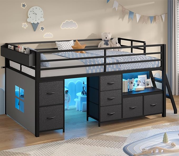 Low Loft Bed Twin Size with 7 Storage Drawers, Bookcase and LED Lights