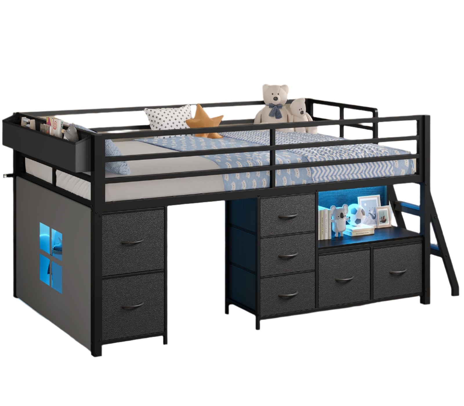 Low Loft Bed Twin Size with 7 Storage Drawers, Bookcase and LED Lights