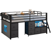 Low Loft Bed Twin Size with 7 Storage Drawers, Bookcase and LED Lights