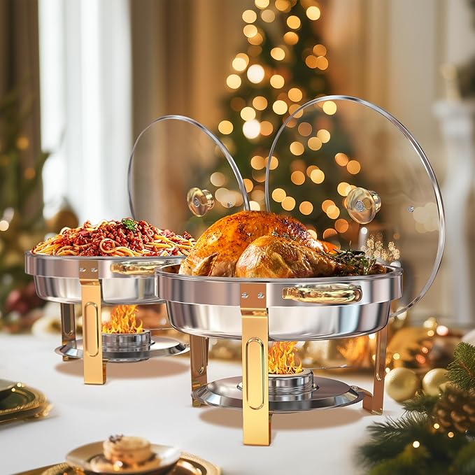 Gold & Silver Chafing Dishes for Buffet with Glass Lid (5QT, 4 Pack)