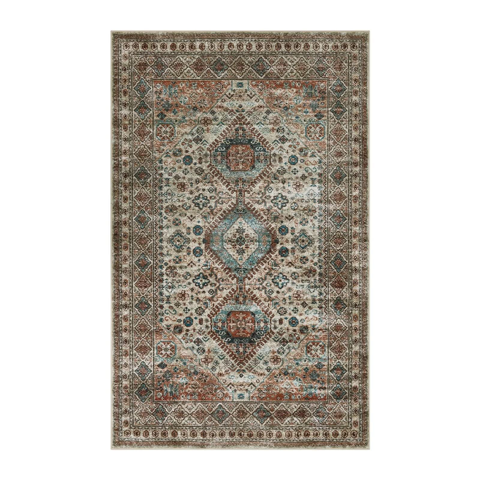 Washable Rug 5x7, Antique Large Brown Distressed Indoor Floor Cover Non-Slip Low