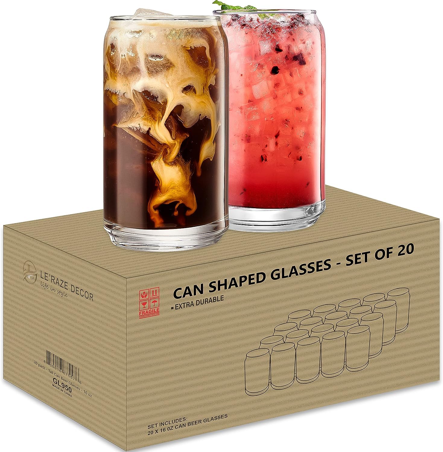 20 Glass Can Shaped Mugs - 16oz Cocktail Drinking Glasses