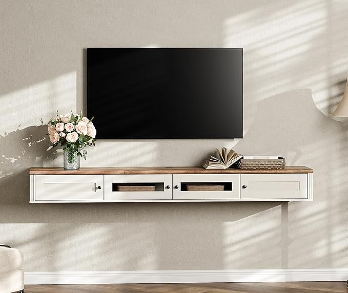 TV Shelf for TVs up to 80 Inch, Wooden TV Stand with Charging Station