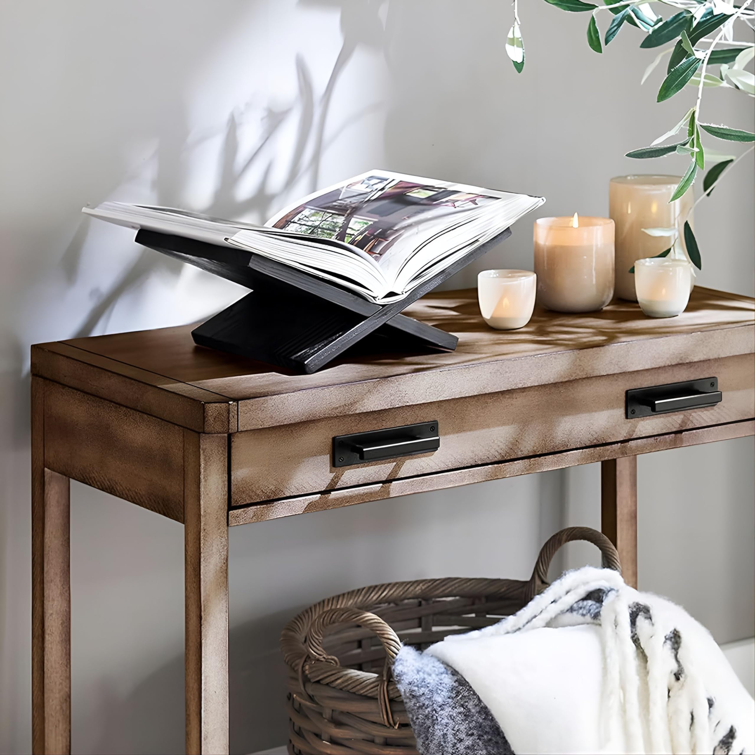 Solid Wood Book Stands - Cross Frame Black Oak Wooden Book Holder, Open Bookstand