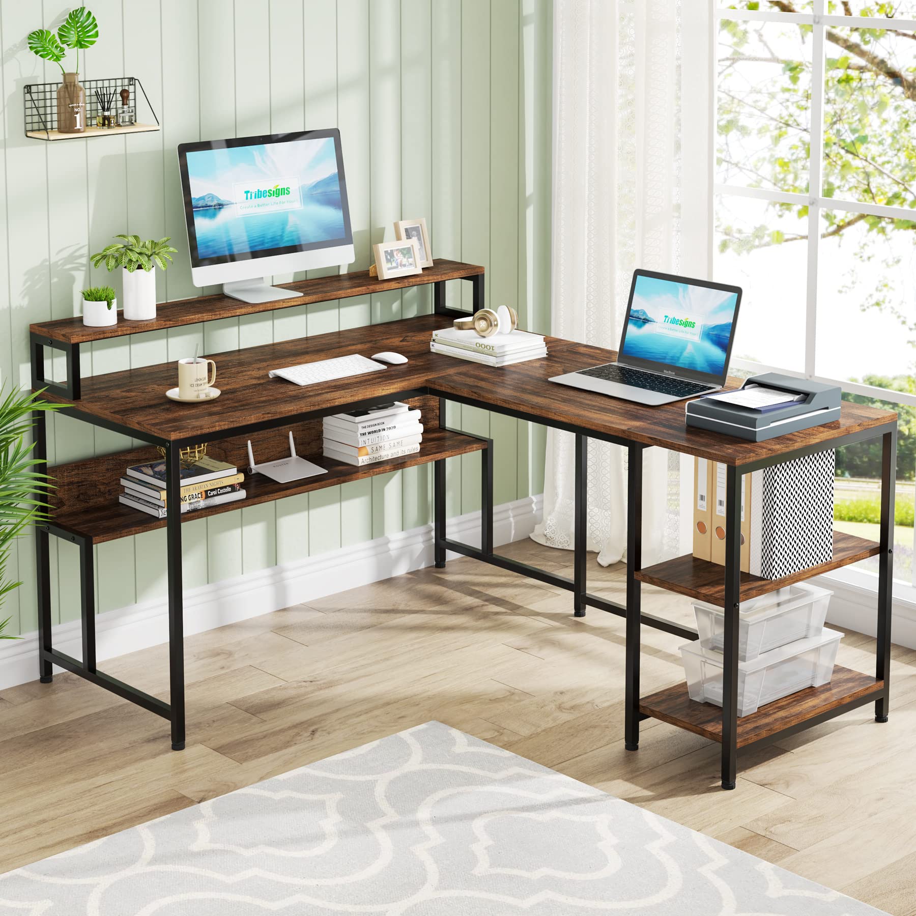 L Shaped Desk with Shelves, 59" Large Corner Computer Desk with Monitor Shelf