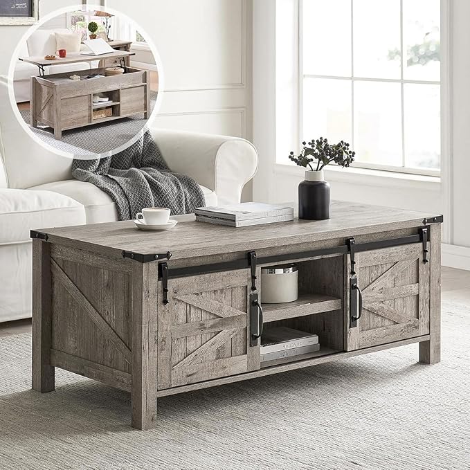 48" Farmhouse Lift Top Coffee Table with Sliding Barn Door,Rustic Center Table