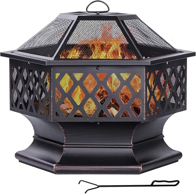 33 Inch Outdoor Fire Pit, Hexagon Shaped Wood Burning Firepit for Outside Bonfire