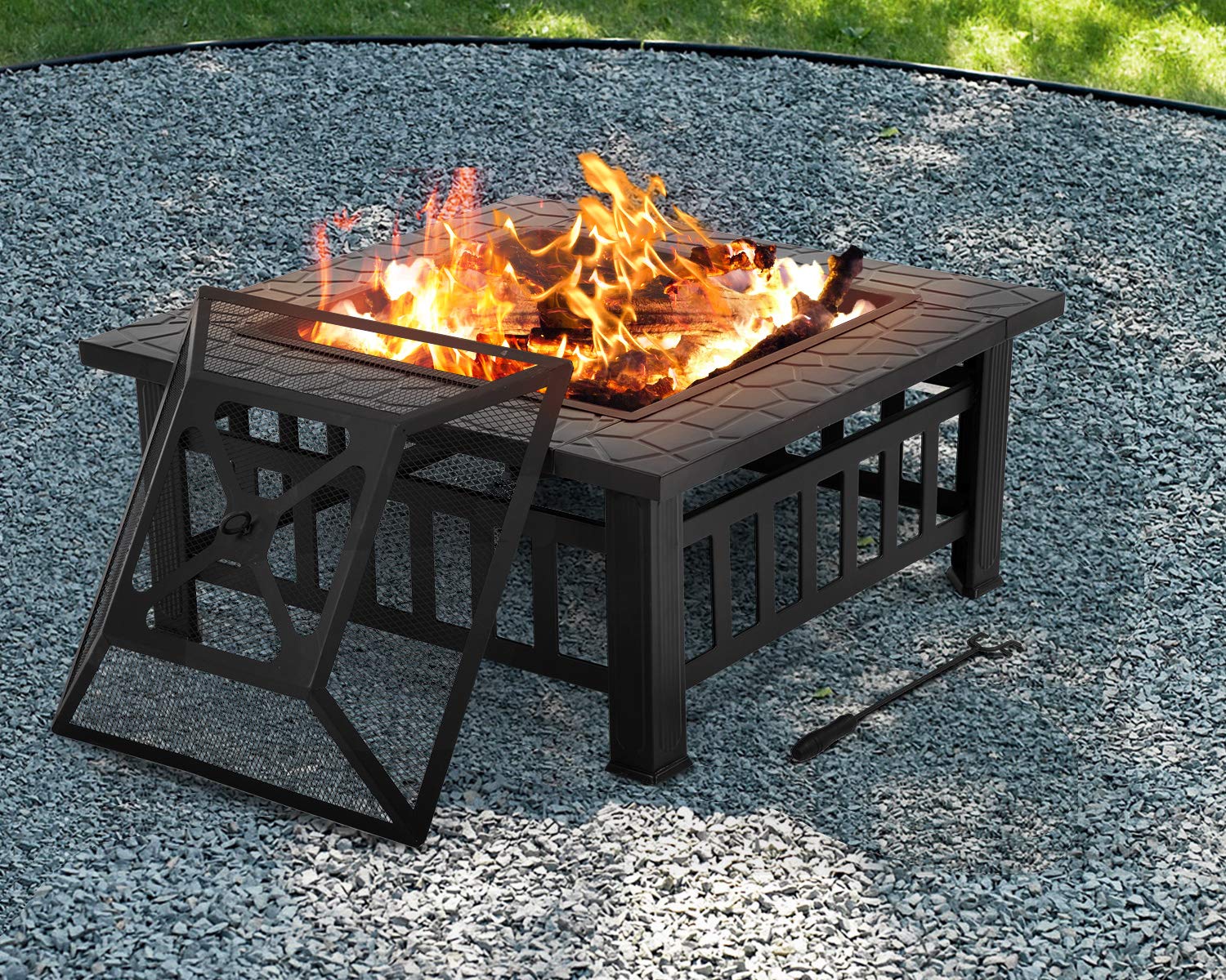 Fire Pit 32 inch Square Metal Firepit for Patio Wood Burning Fireplace