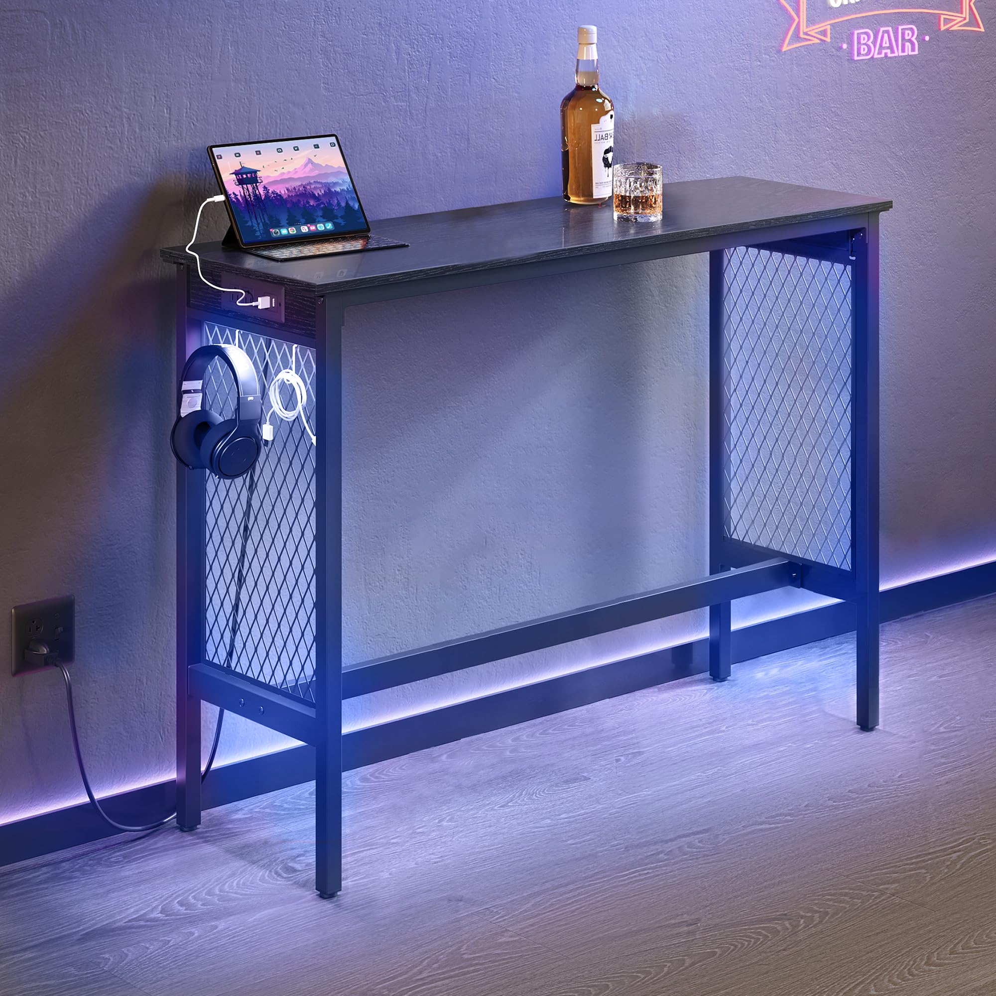 Bar Table with Power Outlets, 47.2 Inches LED Lights Pub Table