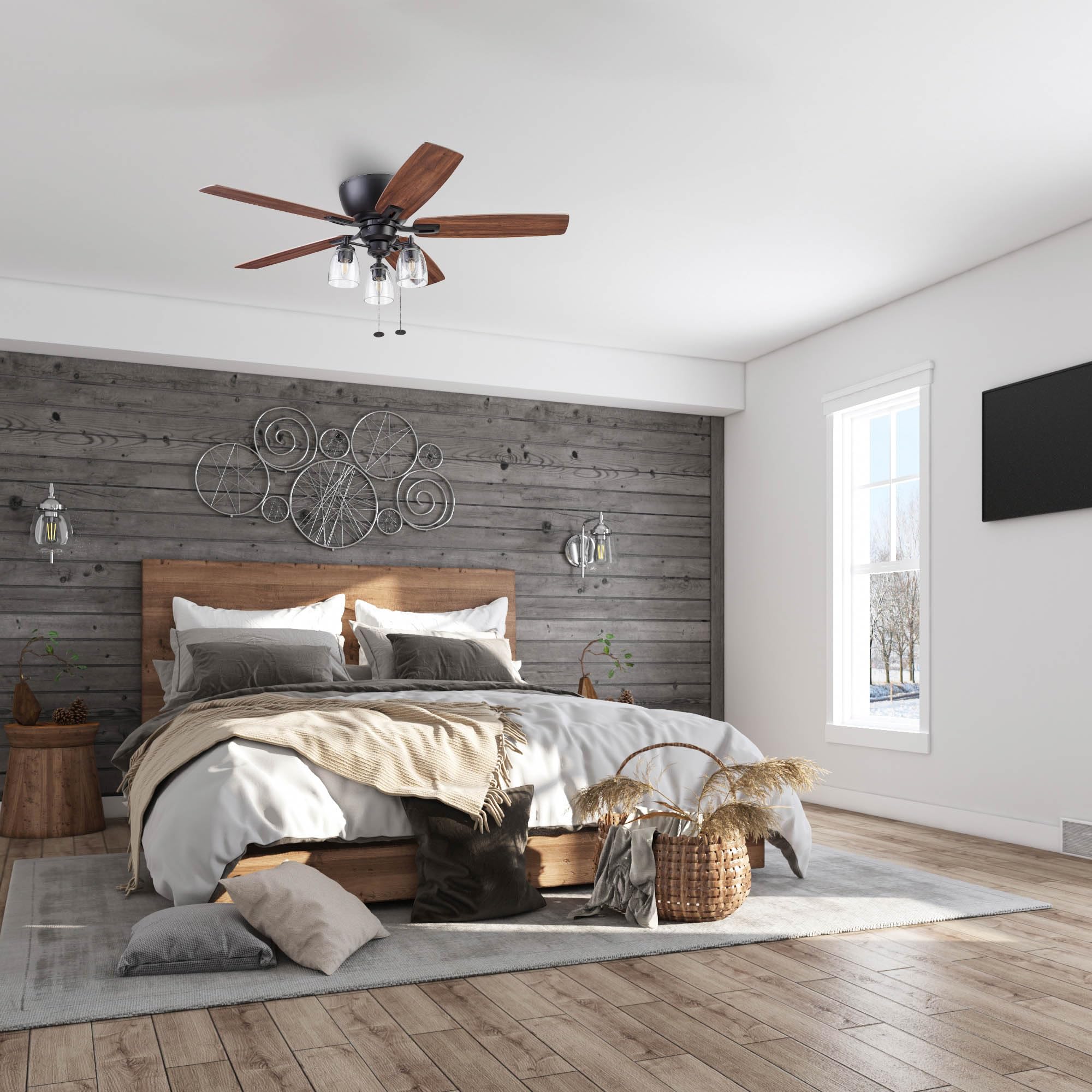 Arthur, 52 inch Industrial Farmhouse Flush Mount LED Ceiling Fan with Light, Pull Chain