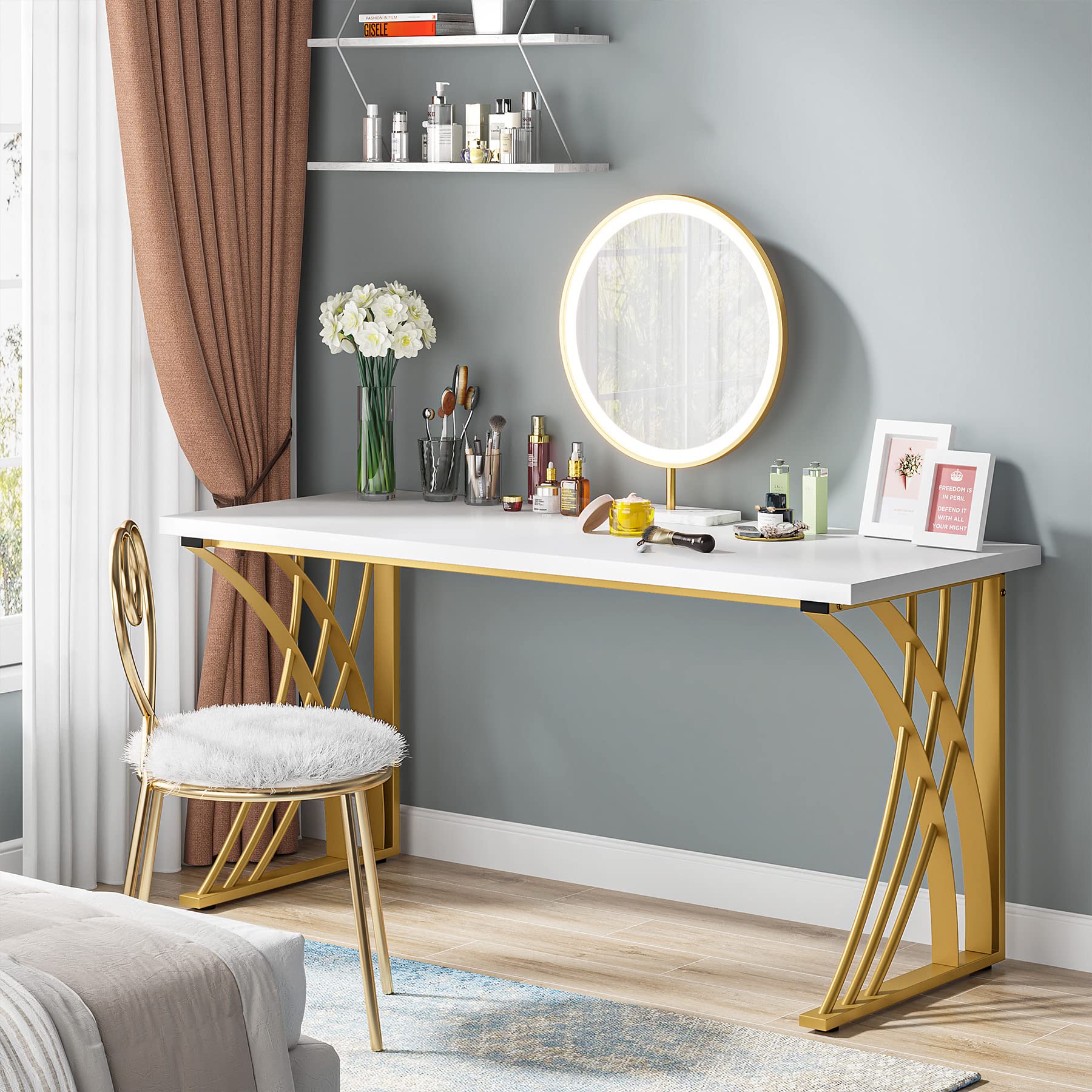55’’ Large Modern Computer Desk, White & Gold Luxury Laptop PC Student Table