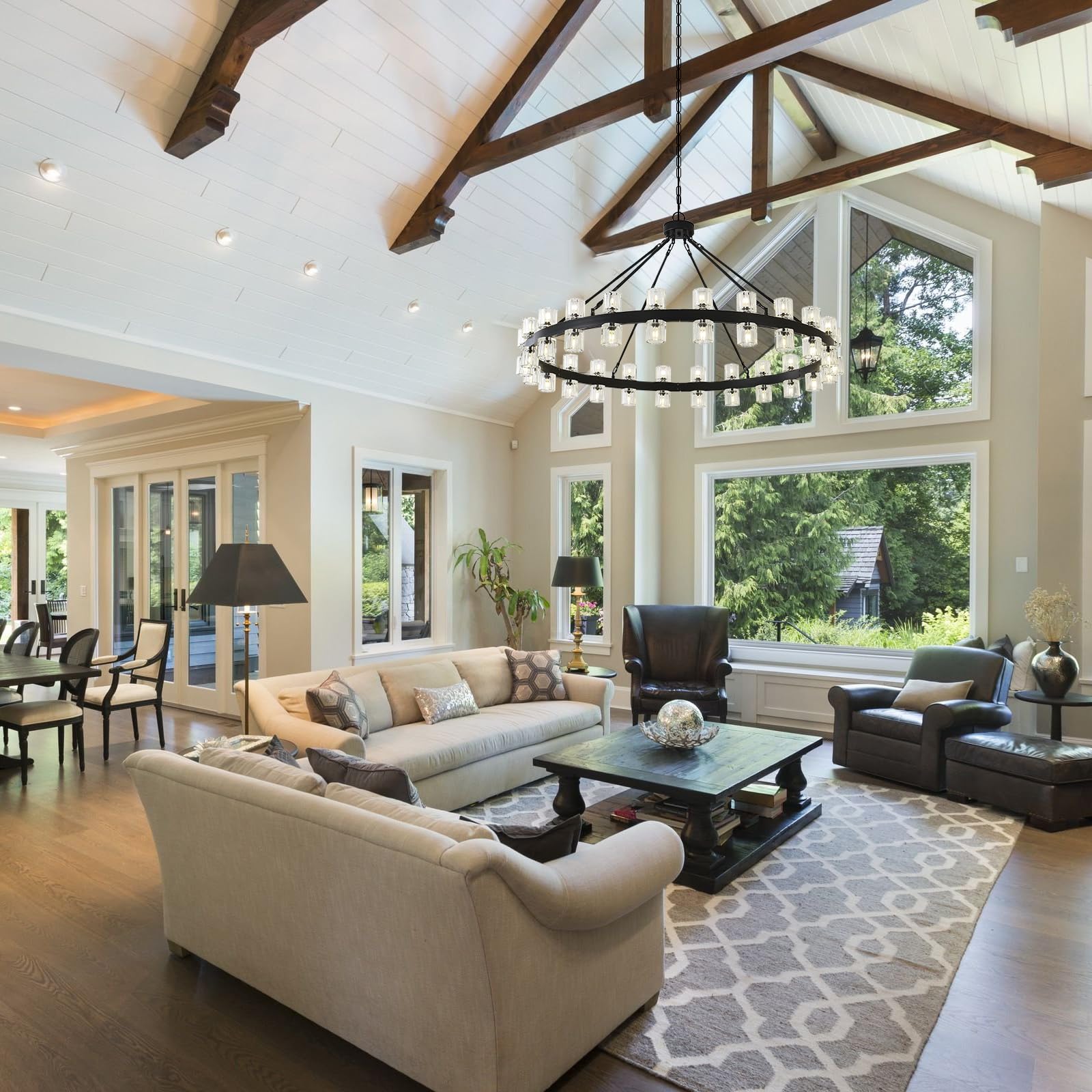 Black Wagon Wheel Chandelier, 48inch Large Crystal Chandeliers for High Ceiling