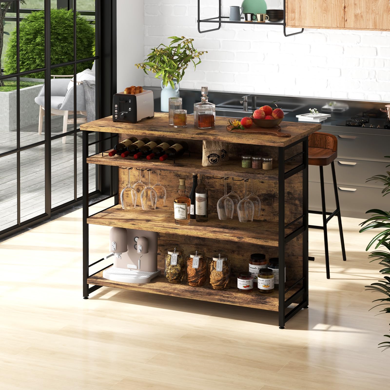 Home Bar Unit, 4 Tier Liquor Bar Table with Footrest