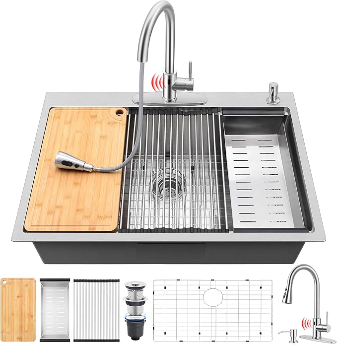 33x22 Inch Drop In Kitchen Sink with Faucet Combo 18/10 Stainless Steel Brushed