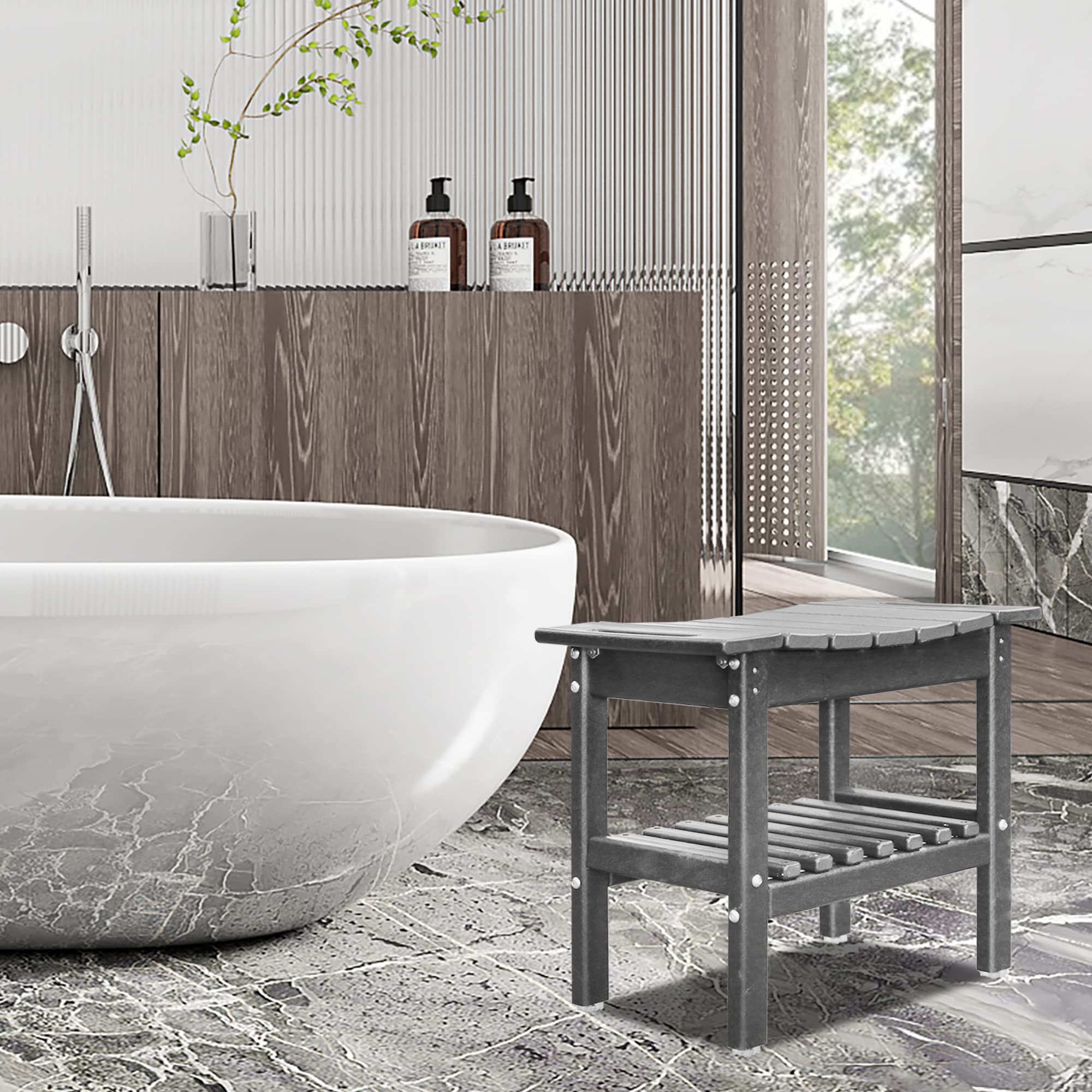 Restcozi HDPE Shower Bench Inside Shower Stool with Space-Efficient Storage Shelf, Shower Bath Chairs Spa Stool for Bathroom - Great for All Ages Unisex Elderly (Grey, Large & 19.3 * 11.8 * 17.3)