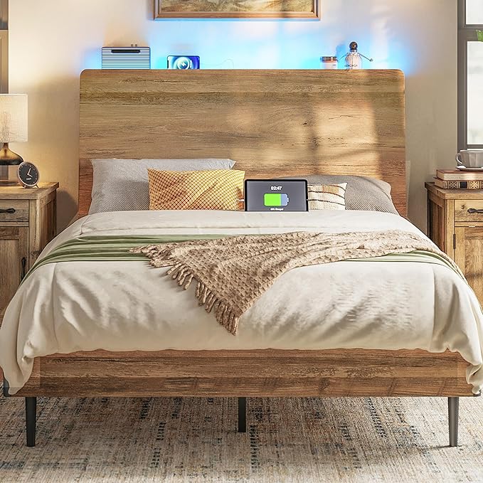 Wood Bed Frame, Full Bed Frame with Headboard LED, Wooden Platform Frames