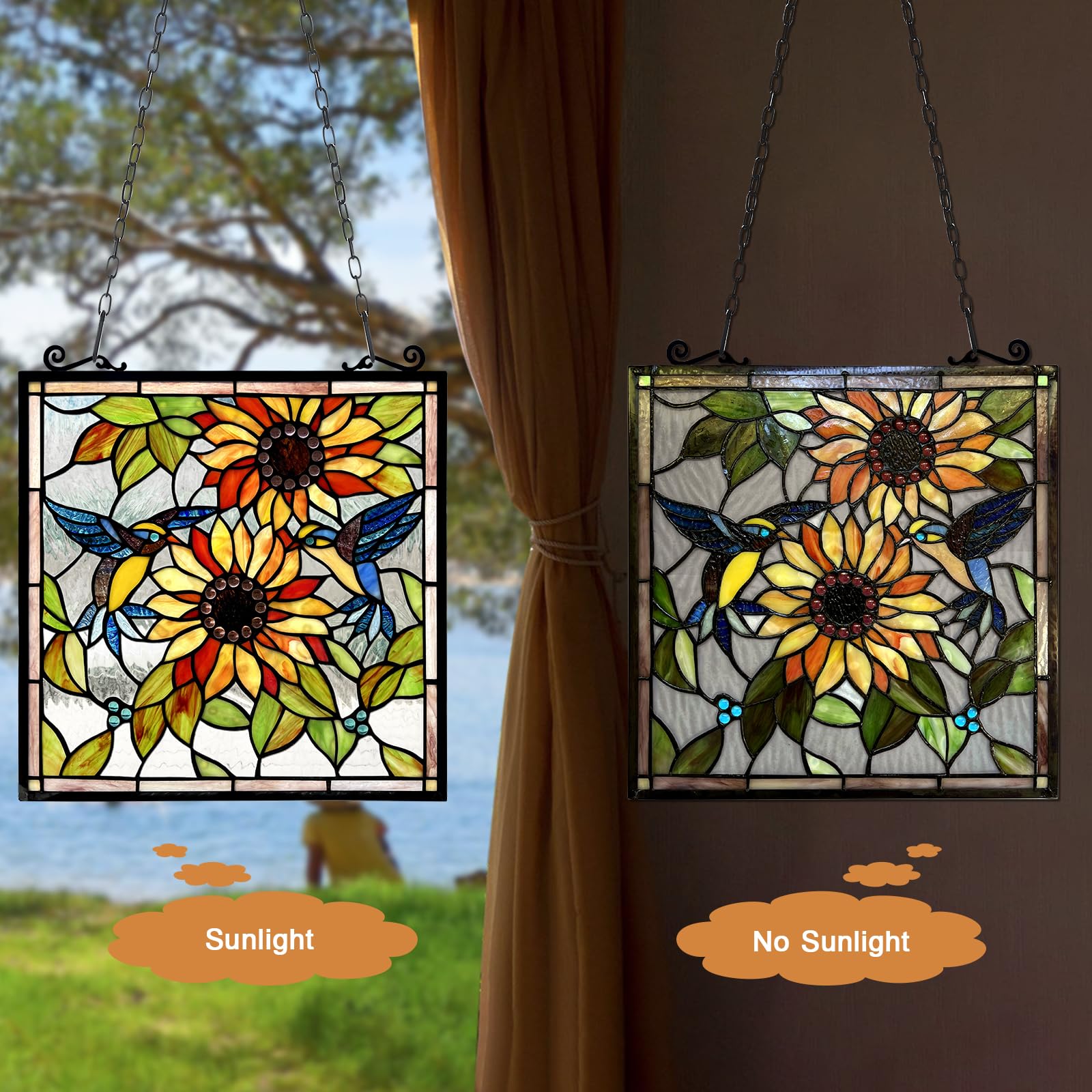 Sunflower and Birds Stained Glass Window Hangings Panels Tiffany Style Traditional