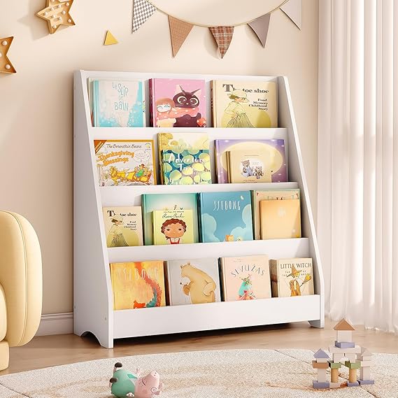 Wooden Bookshelf and Toy Storage, Children Toy Organizer with Book Shelves