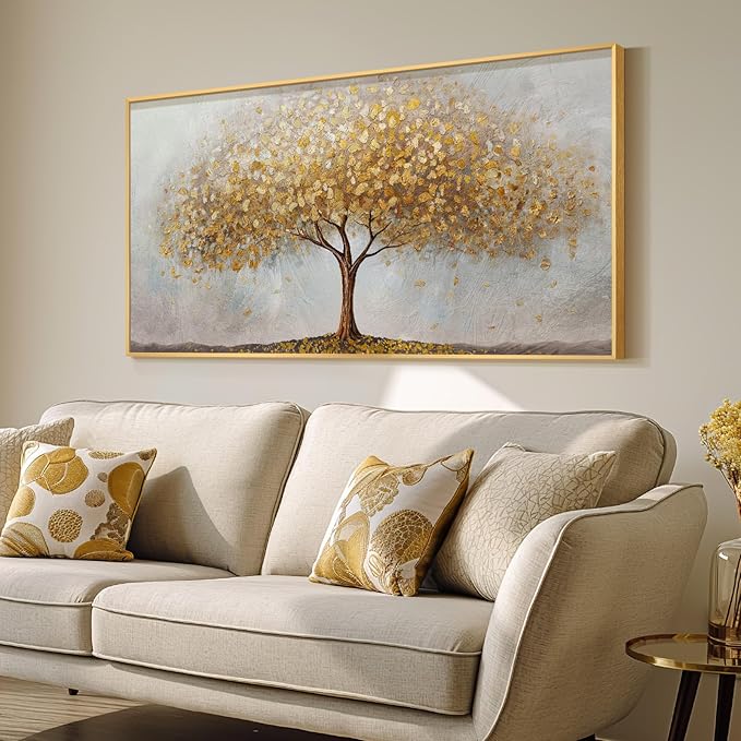 Large Framed Tree of Life Gold Wall Art for Living Room