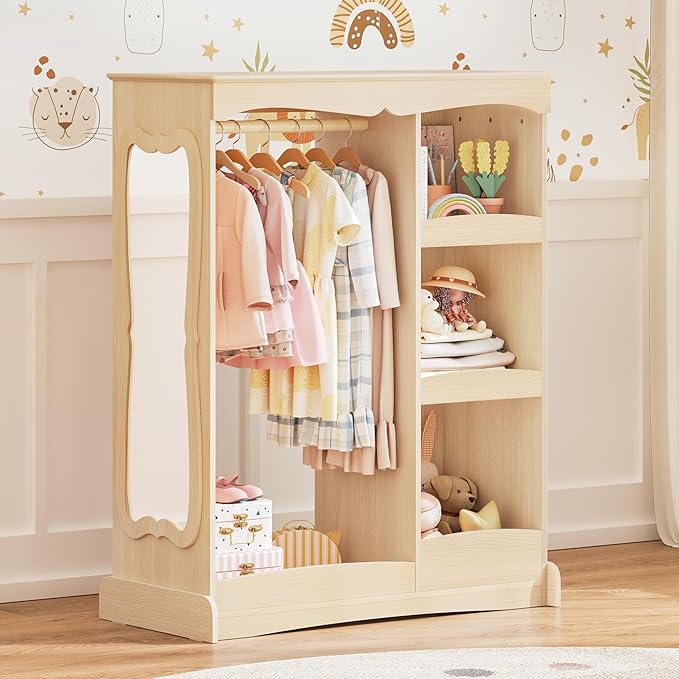 Up Storage with Flower Mirror, Open Hanging Closet Wardrobe for Children