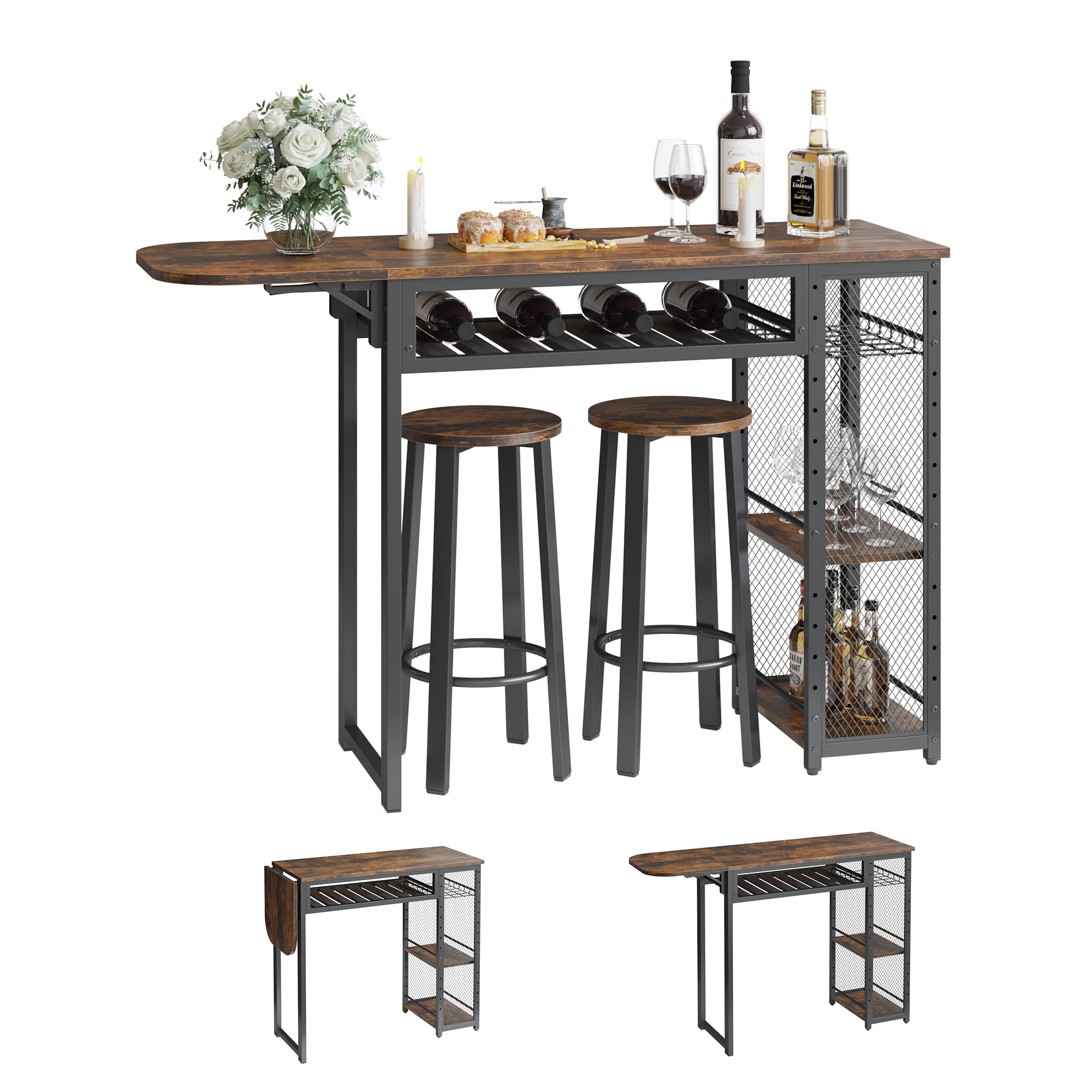 Bar Table and Chair Set, Expandable Dining Table with 2 Bar Stools