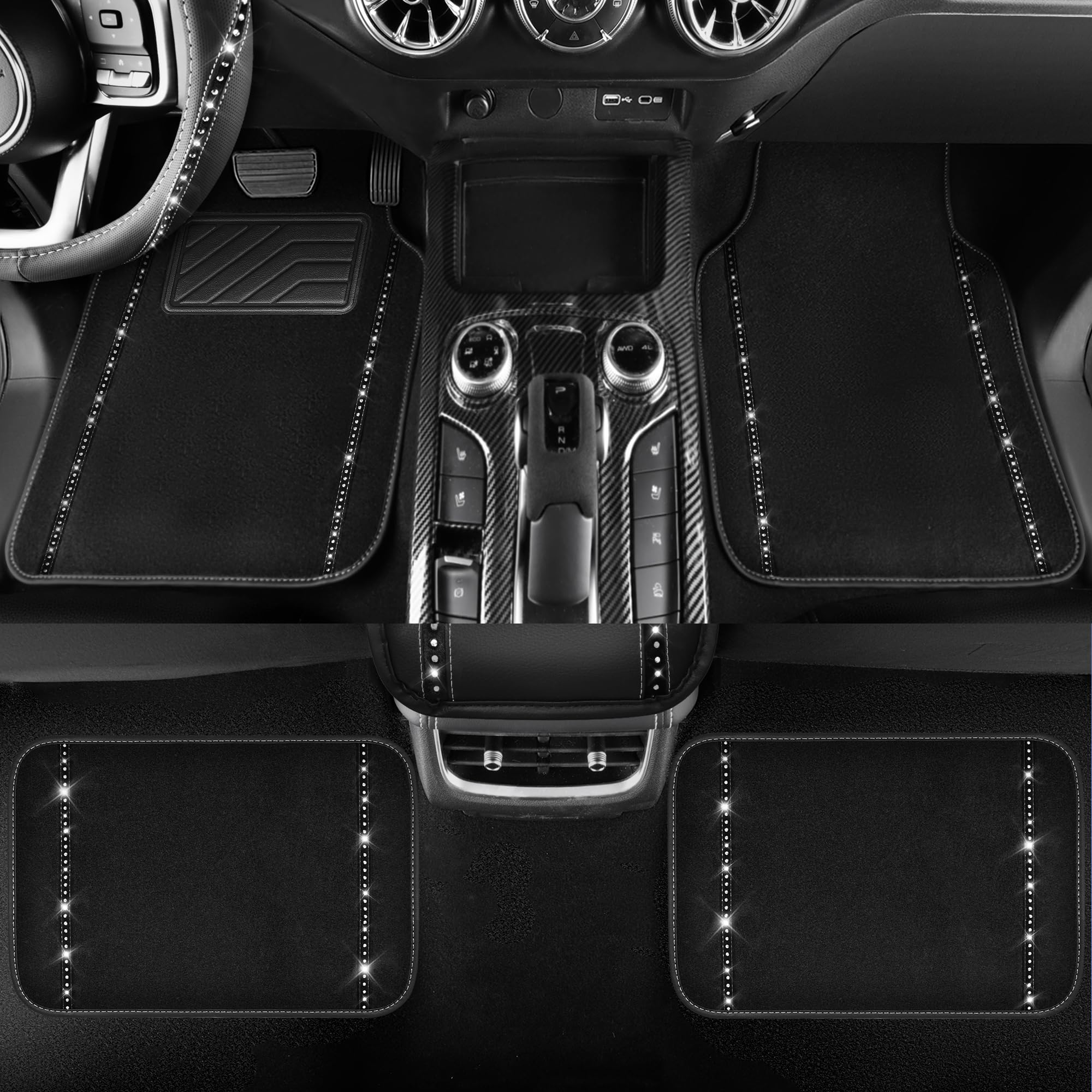 14 PCS Bling Diamond Car Accessories Set for Women, Leather Seat Covers