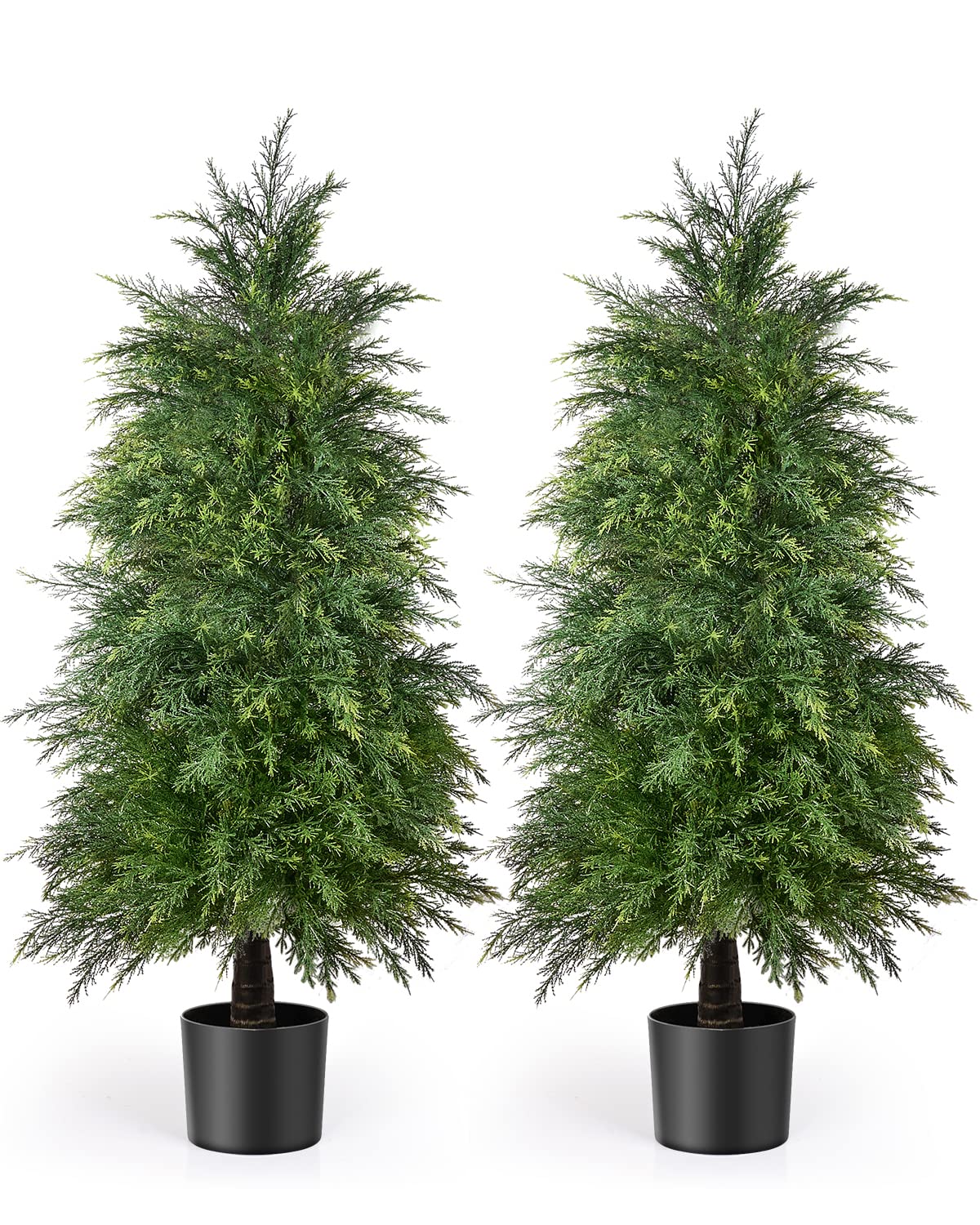 2 Pack 4ft Artificial Cedar Topiary Trees for Outdoor Front Porch Décor, UV Rated Fake Potted Plants