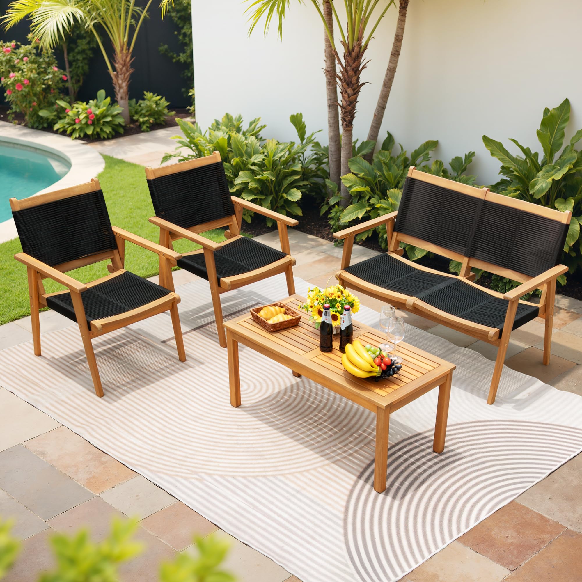 Outdoor Patio Furniture Sets Acacia Conversation Set Rope Woven Chairs