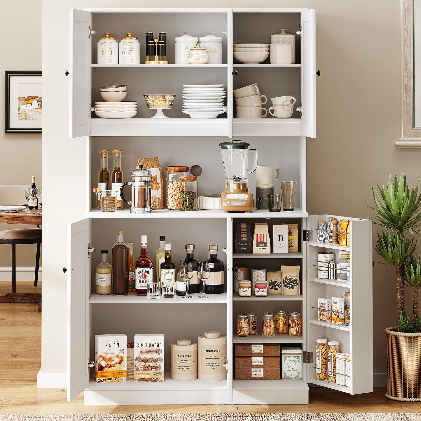 71" Tall Kitchen Pantry Storage Cabinet with Microwave Stand & Door Shelf