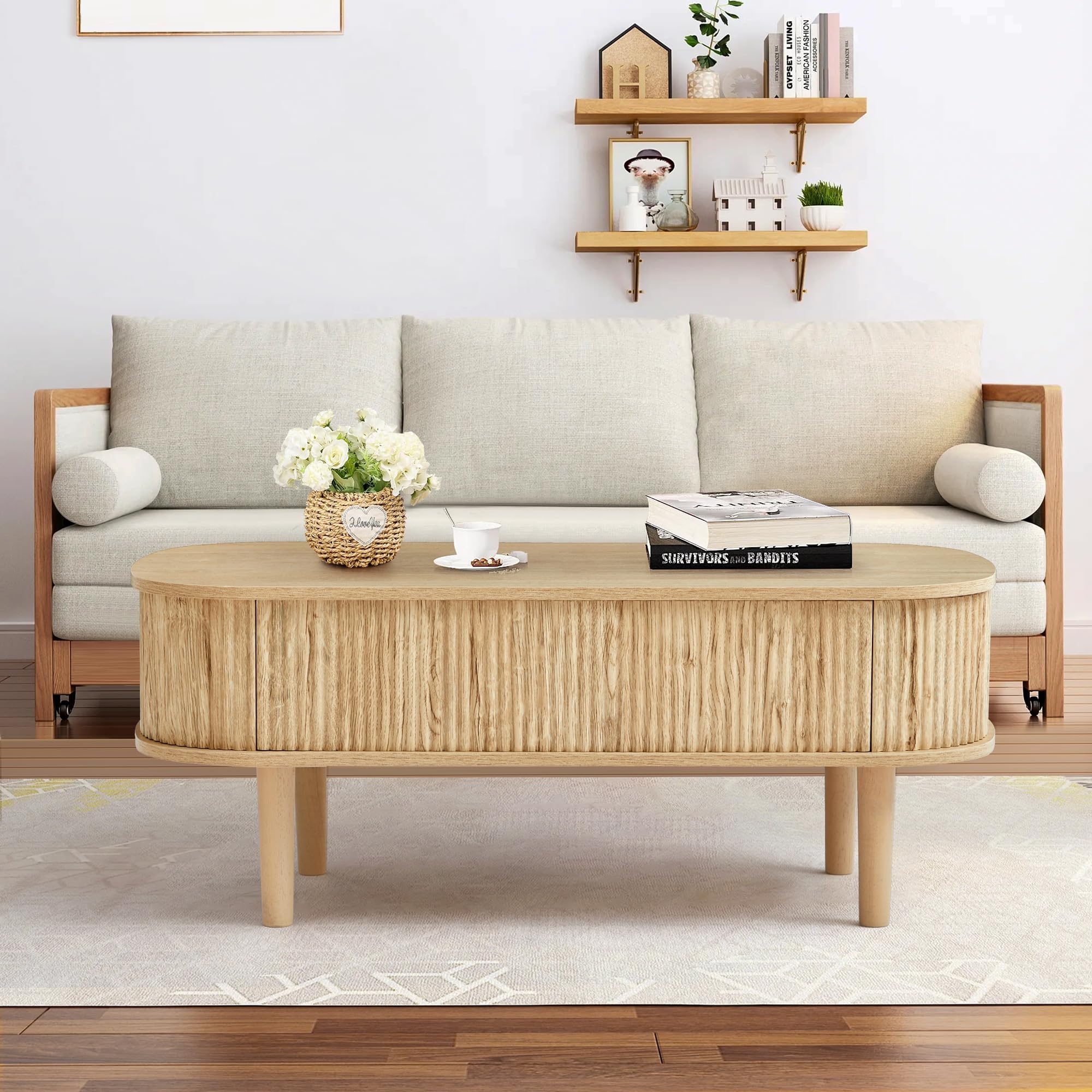 Fluted Lift Top Coffee Table with Hidden Compartment, Fully Assembled Wooden Center