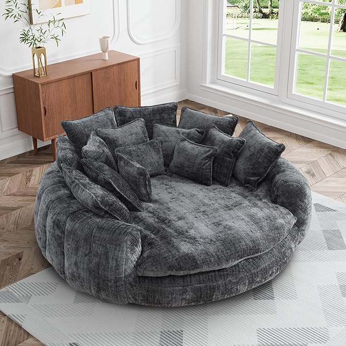 81.1" W Oversized Round Chaise Lounge, Fluffy Lazy Bean Bag Sofa,living room
