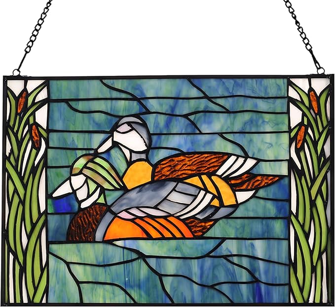 Rectangular Lily Stained Glass Window Hanging Tiffany Style Handmade 16" X 11" Purple