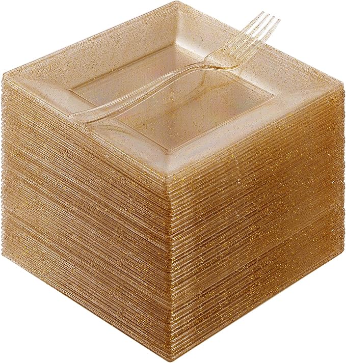 120 Pieces Gold Square Plastic Plates with Forks, Gold Dessert Plates