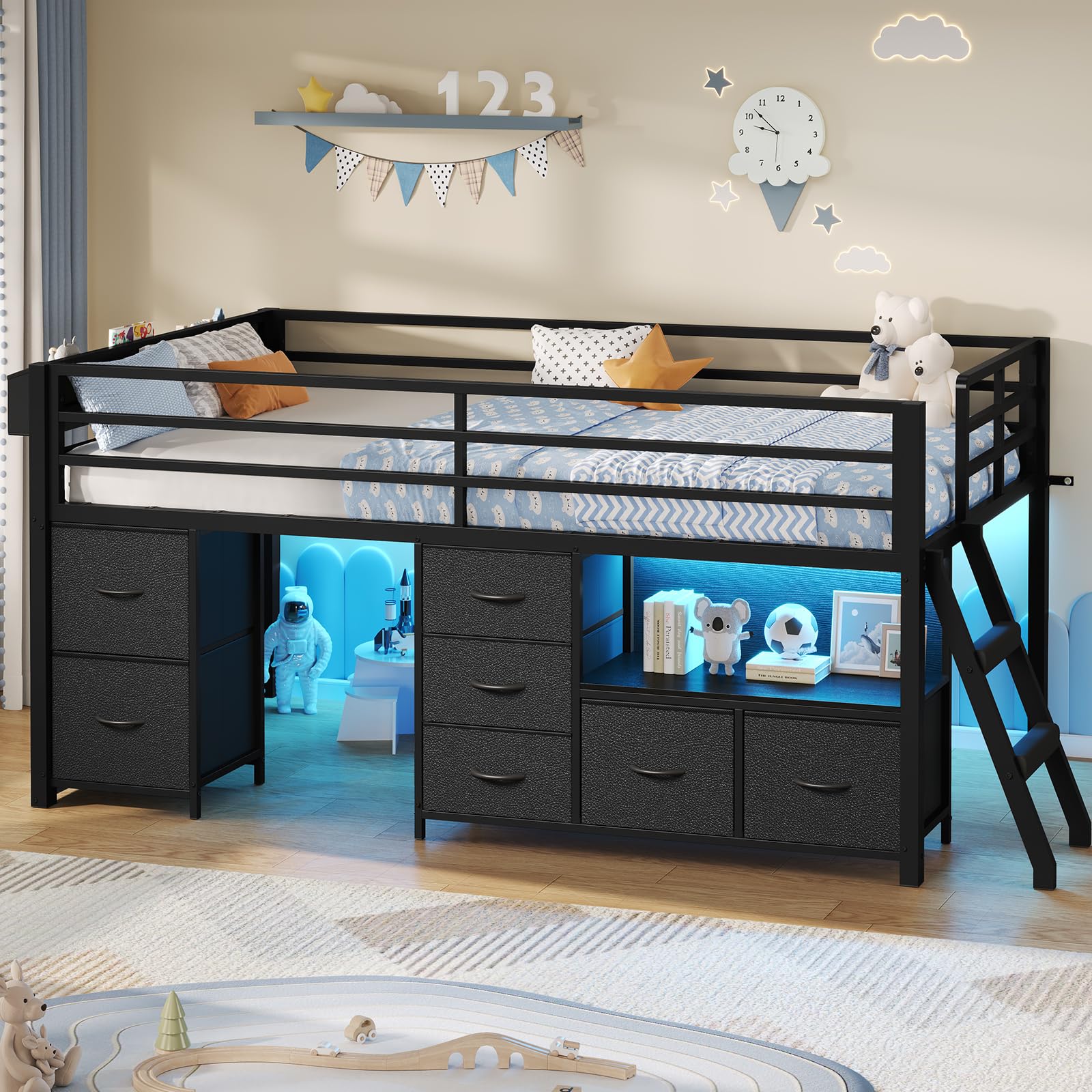 Low Loft Bed Twin Size with 7 Storage Drawers, Bookcase and LED Lights