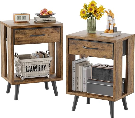 Nightstands Set of 2 with Black Fabric Storage Drawer and Open Wood Shelf